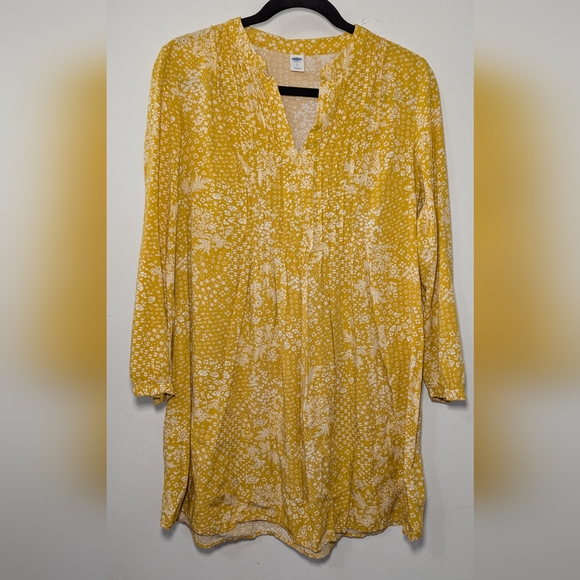 Old Navy Pleated Swing Dress Yellow White Floral Long Sleeve Women's Size S - Picture 1 of 5